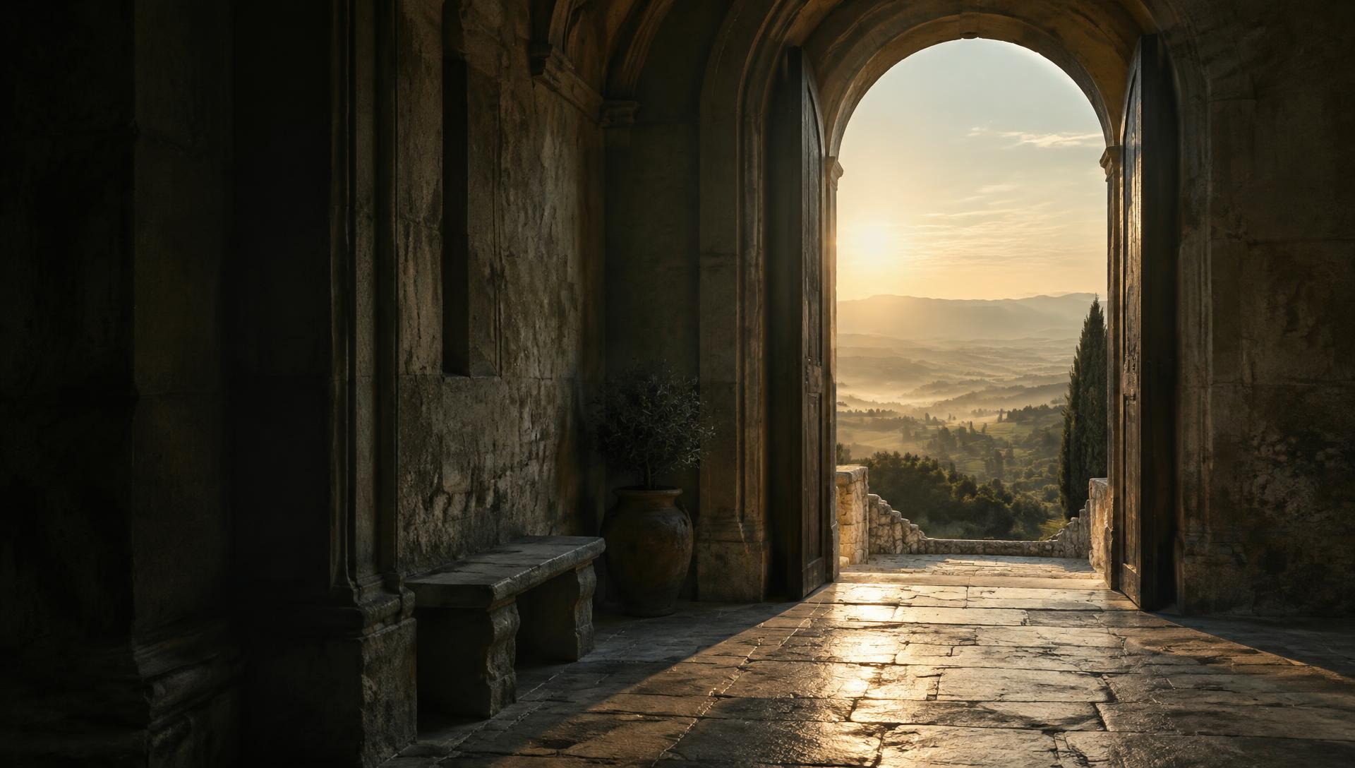 View from a shadowed stone corridor through an open arched doorway toward a sunlit valley at dawn